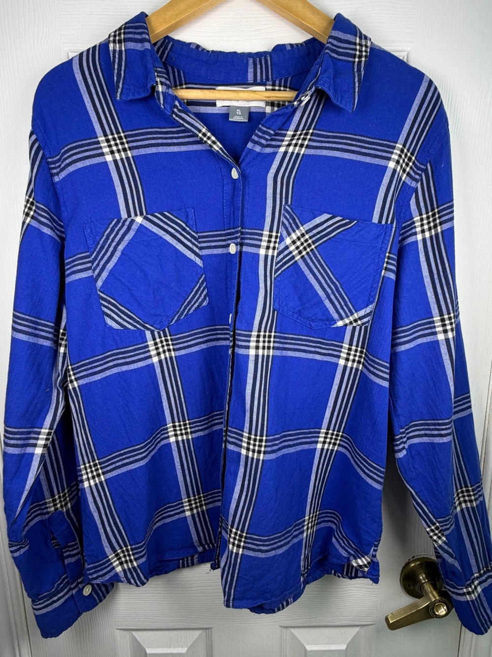 Old Navy Royal Blue Plaid Shirt XL Cabincore Cottagecore Rustic Nature Girl